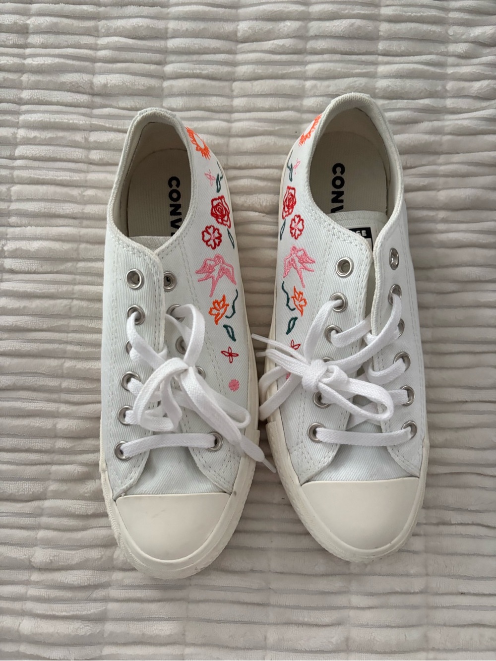 Converse White Canvas Low-Tops with Pink, Red & Orange Floral Embroidery